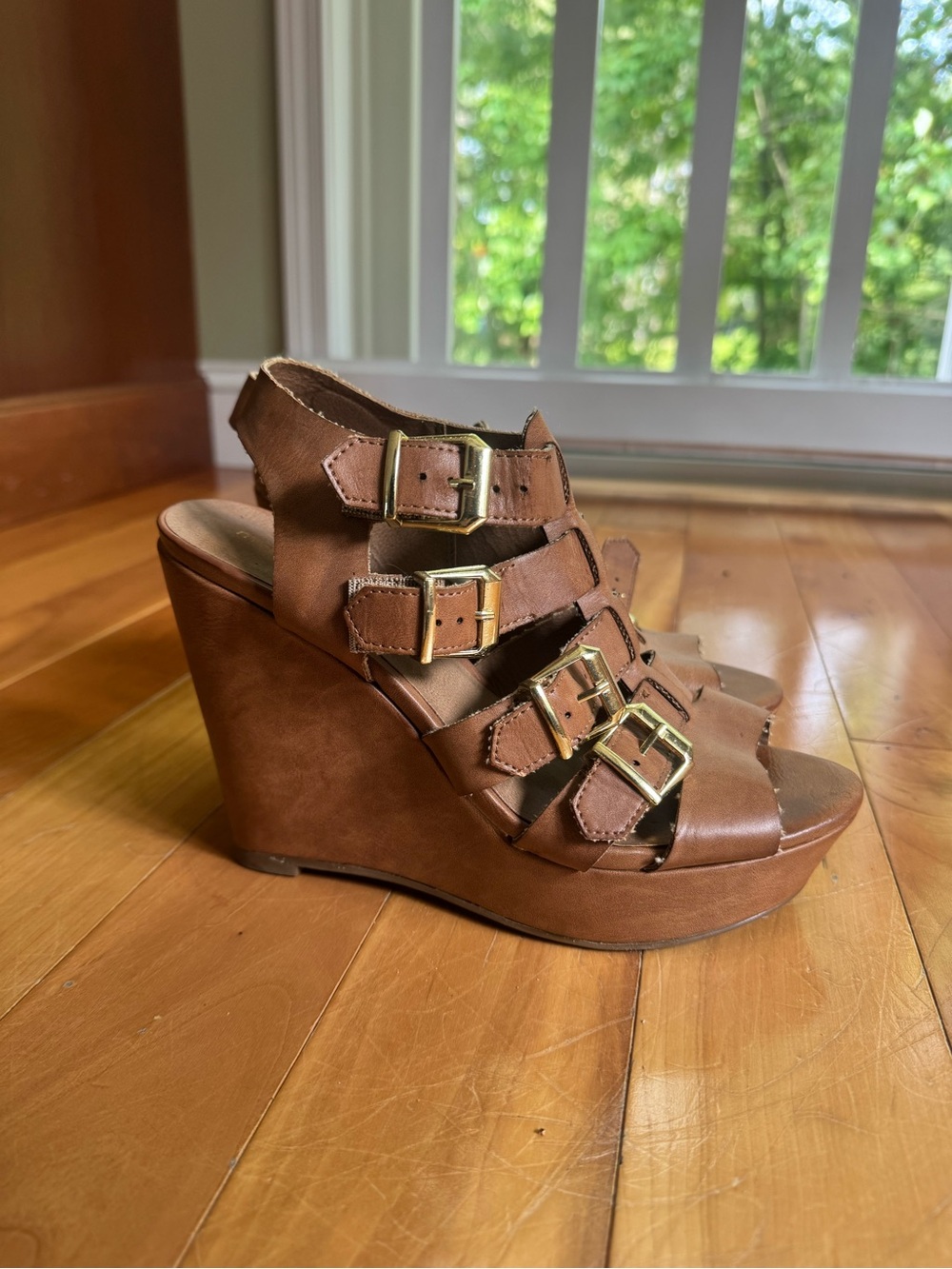 Leather Wedge Sandals with Buckle Straps - Women